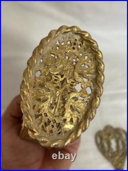 Pair of Vtg Ormolu Gold Metal Floral Filigree Perfume Bottles Hollywood Regency
