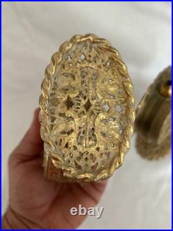 Pair of Vtg Ormolu Gold Metal Floral Filigree Perfume Bottles Hollywood Regency