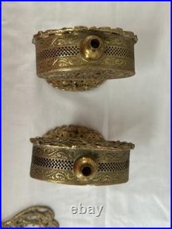 Pair of Vtg Ormolu Gold Metal Floral Filigree Perfume Bottles Hollywood Regency