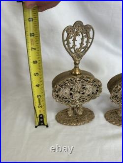 Pair of Vtg Ormolu Gold Metal Floral Filigree Perfume Bottles Hollywood Regency