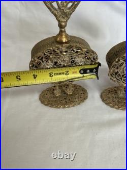 Pair of Vtg Ormolu Gold Metal Floral Filigree Perfume Bottles Hollywood Regency