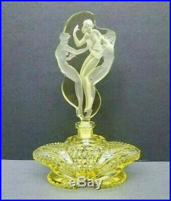 Perfume Bottle Czech Glass Intaglio 3 Nude Stopper Yellow Cut Crystal Vintage