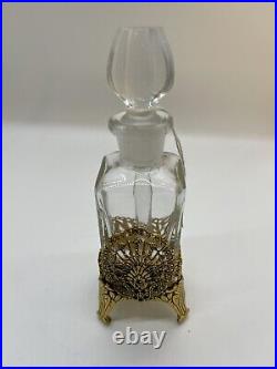 Perfume Bottle & Stopper Dabber Ormolu Carrier 24 KT Gold Plate Vintage