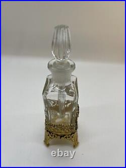 Perfume Bottle & Stopper Dabber Ormolu Carrier 24 KT Gold Plate Vintage