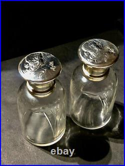 Perfume Bottles Sterling Portrait Tops Matched Pair Antique Art Nouveau