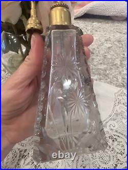 Perfume bottle cut crystal glass French style metal missing atomizer antique vtg