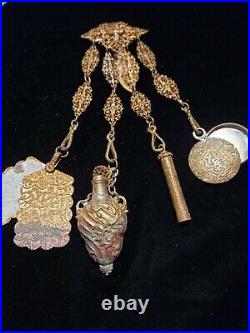 RARE Chatelaine Antique Victorian Cameo Perfume Scent Salt Bottle Urn Waist Clip