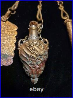 RARE Chatelaine Antique Victorian Cameo Perfume Scent Salt Bottle Urn Waist Clip