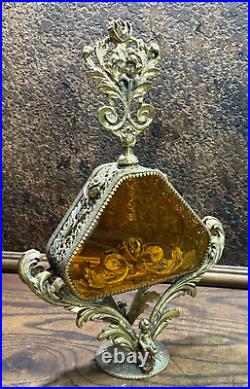 RARE LARGE Vintage Matson Gold Filigree Diamond Ormolu Perfume Bottle / 14