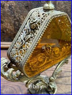 RARE LARGE Vintage Matson Gold Filigree Diamond Ormolu Perfume Bottle / 14