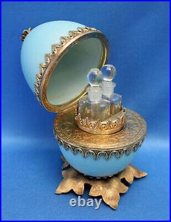 RARE Stunning vintage EVANS Blue Opaline PERFUME EGG CASKET 2 miniature bottles