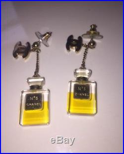 RARE Vintage CHANEL No. 5 Perfume Bottle Earrings CC Gold Tone Logo