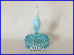 RARE Vintage Fenton HOBNAIL PERFUME VANITY BOXTLE 1950's BLUE OPALESCENT GLASS