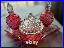 RARE! Vintage Fenton VANITY TRAY With Cranberry Hobnail Opalescent Set, MINT