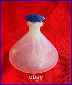 RARE Vintage Fry Glass Foval Perfume Bottle with Delft Blue Stopper Etched opaline