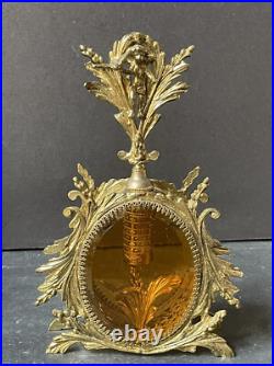 RARE! Vintage GOLD CHERUB Perfume Bottle AMBER GLASS VANITY Hollywood Antique