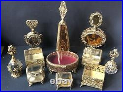 RARE! Vintage GOLD Perfume Bottle AMBER GLASS VANITY Hollywood Regency Antique