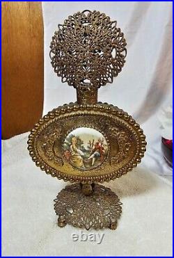 RARE Vtg Gold Filigree Ormolu Glass Perfume Bottle with Courting Couple 3D Flowers