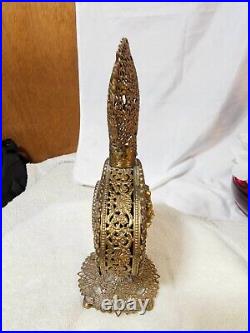 RARE Vtg Gold Filigree Ormolu Glass Perfume Bottle with Courting Couple 3D Flowers