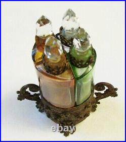 Rare Antique French Boudoir Glass Perfume Scent Bottles In Ornate Bronze Etui