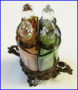 Rare Antique French Boudoir Glass Perfume Scent Bottles In Ornate Bronze Etui