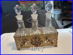 Rare Antique Perfume Set Of 3 Bottles Set In A Jeweled Holder GORGEOUS