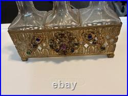 Rare Antique Perfume Set Of 3 Bottles Set In A Jeweled Holder GORGEOUS