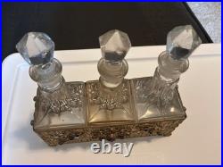 Rare Antique Perfume Set Of 3 Bottles Set In A Jeweled Holder GORGEOUS