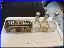 Rare Antique Perfume Set Of 3 Bottles Set In A Jeweled Holder GORGEOUS