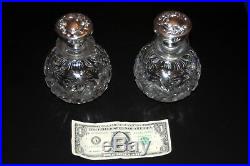 Rare Pair Sterling Silver & Cut Glass Cologne Bottles Antique Vintage