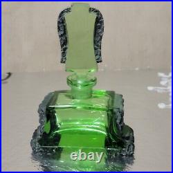 Rare Vintage Art Deco Green Glass Perfume Bottle Embossed Metal Trim Czech 1930s