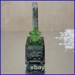 Rare Vintage Art Deco Green Glass Perfume Bottle Embossed Metal Trim Czech 1930s