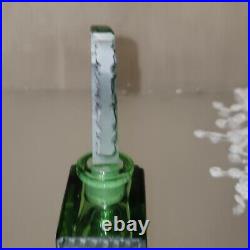 Rare Vintage Art Deco Green Glass Perfume Bottle Embossed Metal Trim Czech 1930s