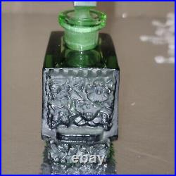 Rare Vintage Art Deco Green Glass Perfume Bottle Embossed Metal Trim Czech 1930s