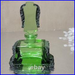 Rare Vintage Art Deco Green Glass Perfume Bottle Embossed Metal Trim Czech 1930s