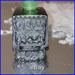 Rare Vintage Art Deco Green Glass Perfume Bottle Embossed Metal Trim Czech 1930s