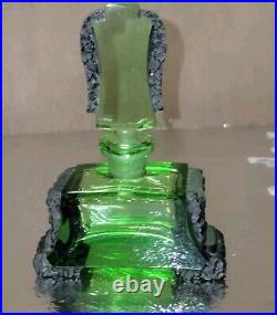 Rare Vintage Art Deco Green Glass Perfume Bottle Embossed Metal Trim Czech 1930s