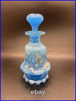 Rare Vintage French Blue Opaline Gilded Enamel Glass Perfume Bottle With Stopper Rare Vintage French Blue Opaline Gilded Enamel Glass Perfume Bottle With Stopper