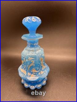 Rare Vintage French Blue Opaline Gilded Enamel Glass Perfume Bottle With Stopper