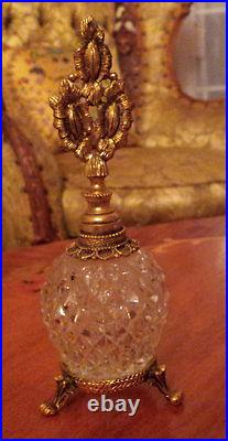 Rare Vintage Glass Perfume Bottle with Ornate Gold Gilt Metal