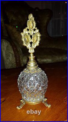 Rare Vintage Glass Perfume Bottle with Ornate Gold Gilt Metal