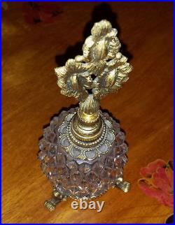 Rare Vintage Glass Perfume Bottle with Ornate Gold Gilt Metal