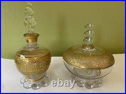 Rare Vintage Imperial Candlewick Perfum Bottle and Puff Jar Gold Floral Foil