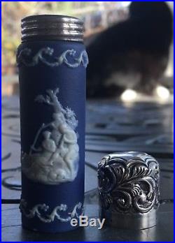 Rare Vintage/antique Wedgwood Blue Jasperware Scent Perfume Bottle, Silver Top