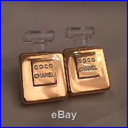 Rare Vtg 80s Coco Chanel XL Gold Metal Perfume Bottle Logo Clip Earrings