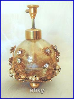 Rare Vtg Crackle Glass Perfume Bottle Rhinestones Pearls Gold Footed Basket Cage