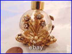 Rare Vtg Crackle Glass Perfume Bottle Rhinestones Pearls Gold Footed Basket Cage