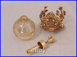 Rare Vtg Crackle Glass Perfume Bottle Rhinestones Pearls Gold Footed Basket Cage