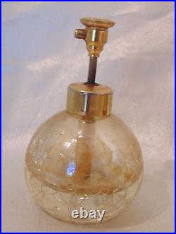 Rare Vtg Crackle Glass Perfume Bottle Rhinestones Pearls Gold Footed Basket Cage