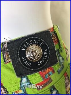 Rare Vtg Gianni Versace Couture Green Perfume Bottle Print Jeans XS